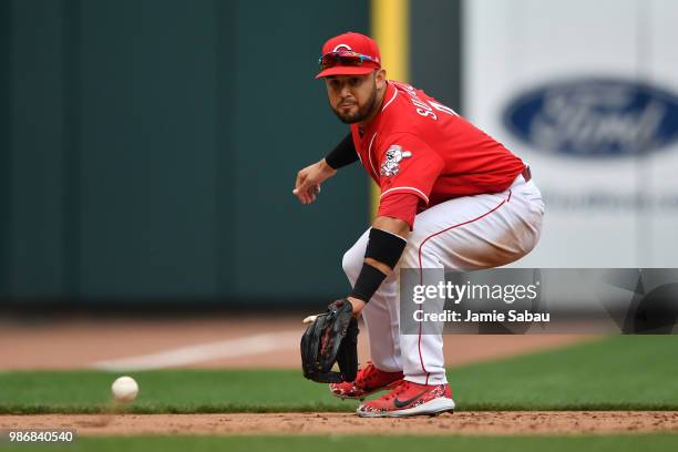 Eugenio Suarez of the Cincinnati Reds fields a ground ball against the Chicago Cubs at Great American Ball Park on June 23, 2018 in Cincinnati, Ohio.