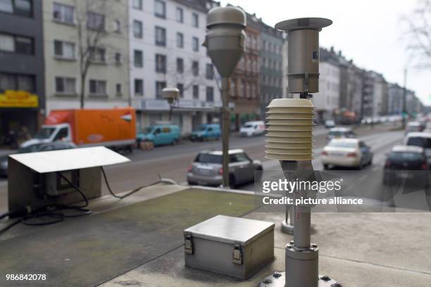 Febuary 2018, Germany, Duesseldorf: Cars pass sensors for air measurements in the Corneliusstrasse. The Federal Administrative Court of Leipzig is...