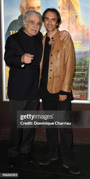Actor Omar Sharif and director Laurent Vinas-Raymond attend the 'J'ai Oublie de te Dire' premiere at Le Cinema des Cineastes on April 26, 2010 in...
