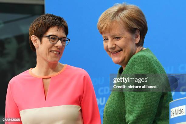 German chancellor and Chairwoman of the Christian Democratic Union, Angela Merkel and Annegret Kramp-Karrenbauer, premiere of Saarland hold a joint...