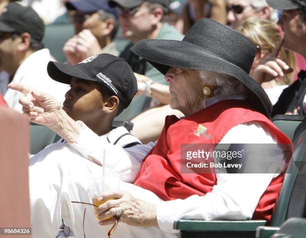 Former President George H.W. Bush and Barbara Bush attend a baseball game between the Pittsburgh Pirates and the Houston Astros at Minute Maid Park...