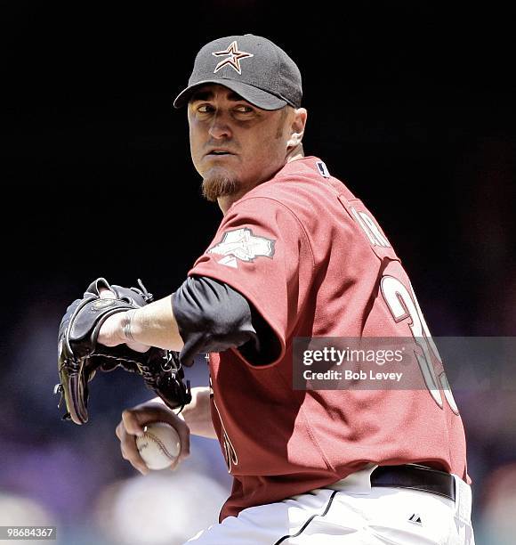 Pitcher Brett Meyers of the Houston Astros throws against the Pittsburgh Pirates at Minute Maid Park on April 25, 2010 in Houston, Texas. Meyers...