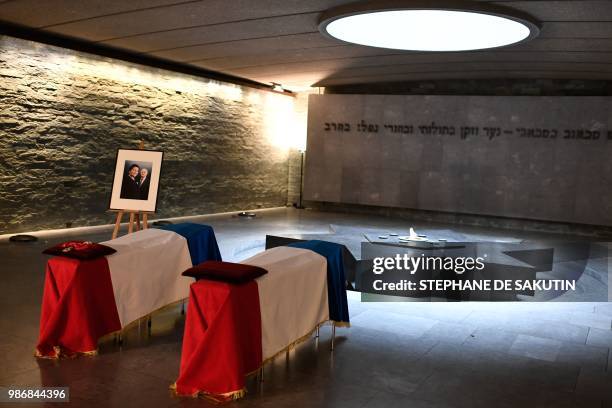 The coffins of women's rights icon, French politician and Holocaust survivor Simone and her husband Antoine Veil are drapped in the French national...