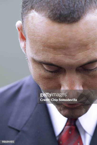 World Series champion New York Yankees player Derek Jeter talks to members of the news media outside the West Wing of the White House April 26, 2010...