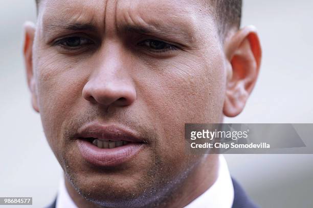 World Series champion New York Yankees player Alex Rodriguez talks to members of the news media outside the West Wing of the White House April 26,...
