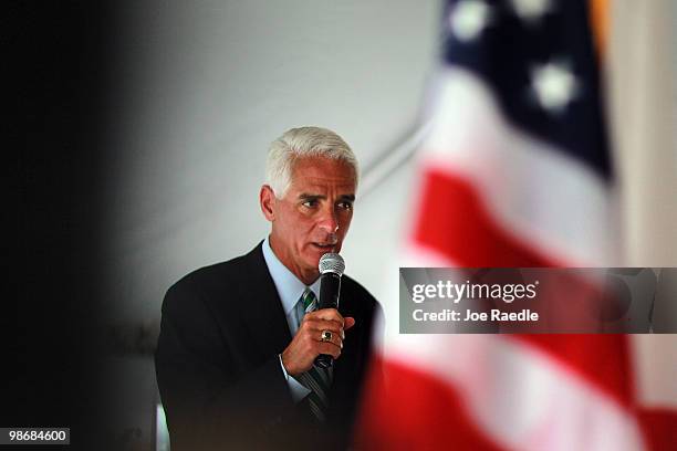 Florida Governor Charlie Crist speaks during the 826/836 Interchange Project Dedication Ceremony on April 26, 2010 in Miami, Florida. The Florida...