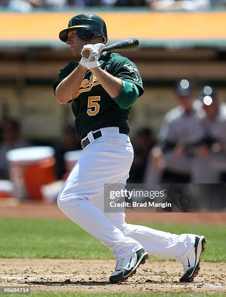 Kevin Kouzmanoff of the Oakland Athletics bats during the game between the New York Yankees and the Oakland Athletics on Thursday, April 22 at the...