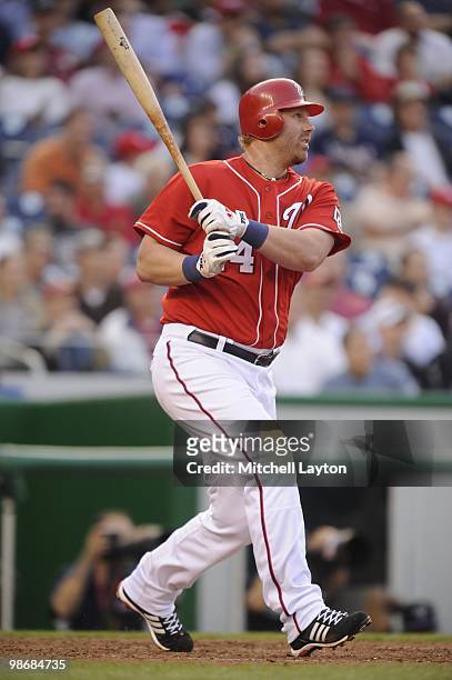 Adam Dunn of the Washington Nationals takes a swing during a baseball game against the Colorado Rockies on April 22, 2010 at Nationals Park in...