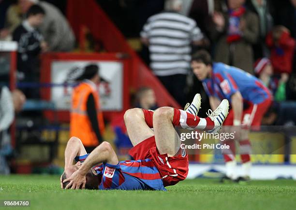 Shaun Derry Captain of Crystal Palace falls to the floor after the Coca Cola Championship match between Crystal Palace and West Bromwich Albion at...