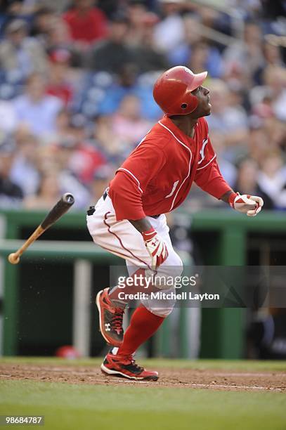 Nyjer Morgan of the Washington Nationals takes a swing during a baseball game against the Colorado Rockies on April 22, 2010 at Nationals Park in...