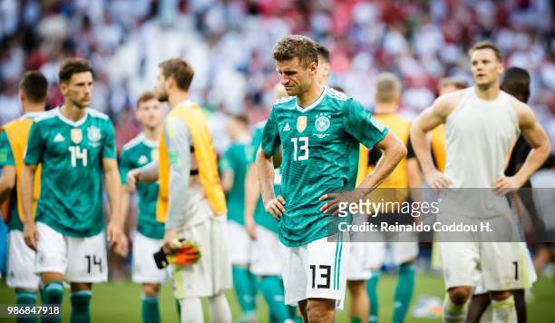 Niklas Suele, Leon Goretzka and Manuel Neuer of Germany are disappointed following the 2018 FIFA World Cup Russia group F match between Korea...