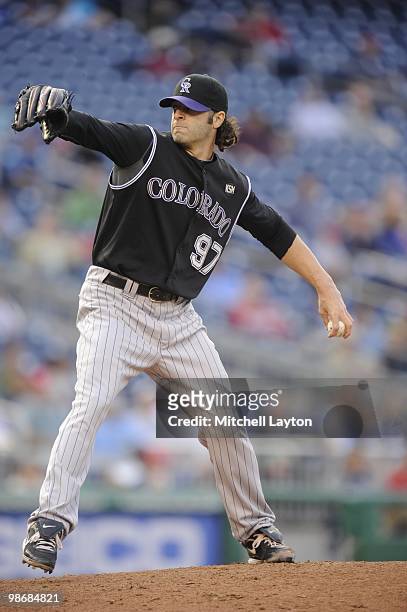 Joe Beimel of the Colorado Rockies pitches during a baseball game against the Washington Nationals on April 22, 2010 at Nationals Park in Washington,...