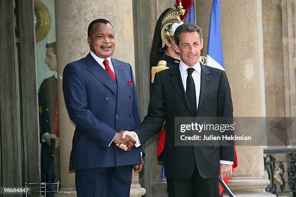 French President Nicolas Sarkozy welcomes Congolese President Denis Sassou N'Guesso at the Elysee Palace in Paris on April 26, 2010. Among other...