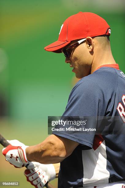 Ivan Rodriguez of the Washington Nationals looks on during practice of a baseball game against the Colorado Rockies on April 22, 2010 at Nationals...