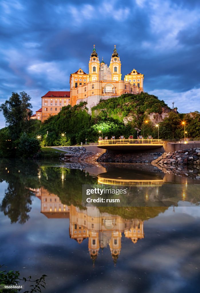 Night view of the famous St. Peter and Paul Church in Melk Benedictine Abbey, Wachau Valley, Lower Austria