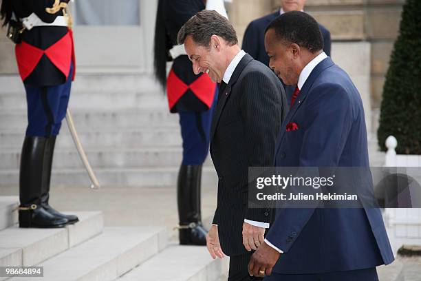 French President Nicolas Sarkozy welcomes Congolese President Denis Sassou N'Guesso at the Elysee Palace in Paris on April 26, 2010. Among other...