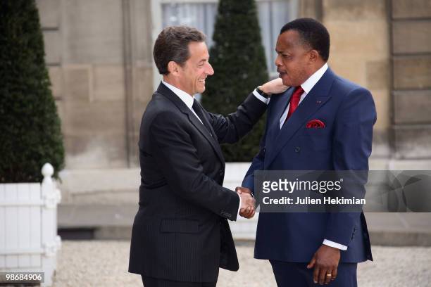 French President Nicolas Sarkozy welcomes Congolese President Denis Sassou N'Guesso at the Elysee Palace in Paris on April 26, 2010. Among other...