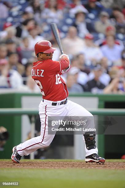 Alberto Gonzalez of the Washington Nationals takes a swing during a baseball game against the Colorado Rockies on April 22, 2010 at Nationals Park in...