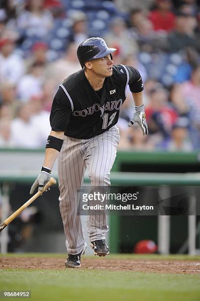 Clint Barmes of the Colorado Rockies takes a swing during a baseball game against the Washington Nationals on April 22, 2010 at Nationals Park in...