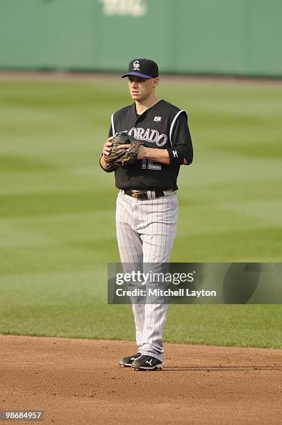 Clint Barmes of the Colorado Rockies looks on during a baseball game against the Washington Nationals on April 22, 2010 at Nationals Park in...