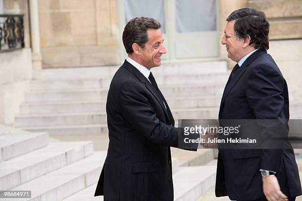 French President Nicolas Sarkozy welcomes European Commission President Jose Manuel Barroso prior to a working lunch on April 26, 2010 at the Elysee...