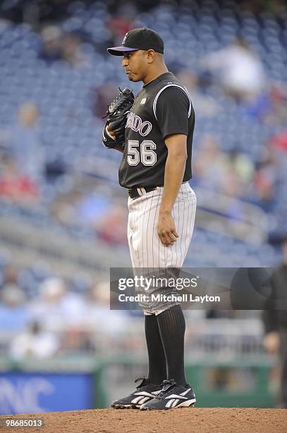 Franklin Morales of the Colorado Rockies pitches during a baseball game against the Washington Nationals on April 22, 2010 at Nationals Park in...