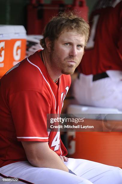 Adam Dunn of the Washington Nationals looks on during a baseball game against the Colorado Rockies on April 22, 2010 at Nationals Park in Washington,...