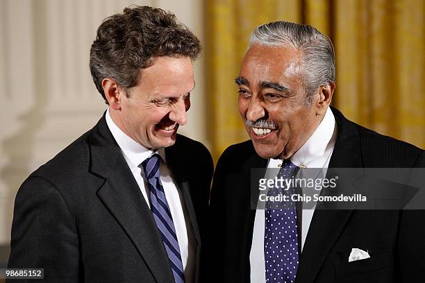 Treasury Secreatary Timothy Geithner and Rep. Charles Rangel share a laugh before a ceremony recognizing the World Series champion New York Yankees...