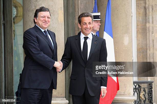 French President Nicolas Sarkozy welcomes European Commission President Jose Manuel Barroso prior to a working lunch on April 26, 2010 at the Elysee...
