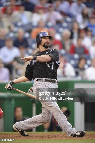 Todd Helton of the Colorado Rockies takes a swing during a baseball game against the Washington Nationals on April 22, 2010 at Nationals Park in...