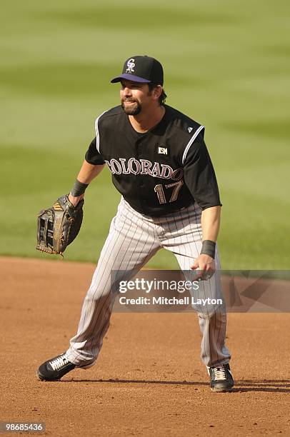Todd Helton of the Colorado Rockies looks on during a baseball game against the Washington Nationals on April 22, 2010 at Nationals Park in...