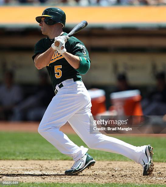 Kevin Kouzmanoff of the Oakland Athletics bats during the game between the New York Yankees and the Oakland Athletics on Thursday, April 22 at the...