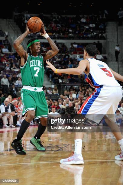 Marquis Daniels of the Boston Celtics looks to pass around Austin Daye of the Detroit Pistons during the game on March 2, 2010 at The Palace of...