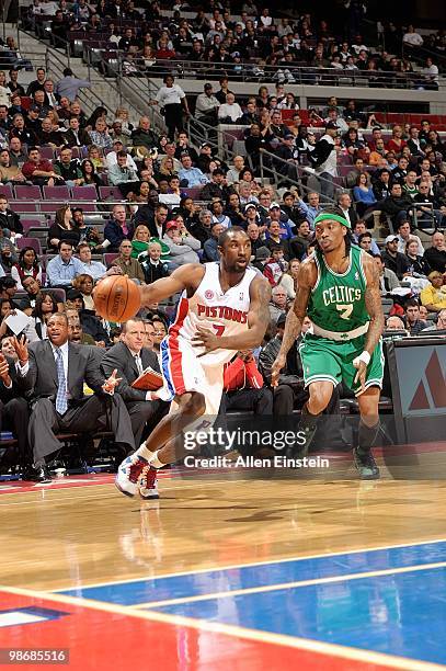 Ben Gordon of the Detroit Pistons drives against Marquis Daniels of the Boston Celtics during the game on March 2, 2010 at The Palace of Auburn Hills...