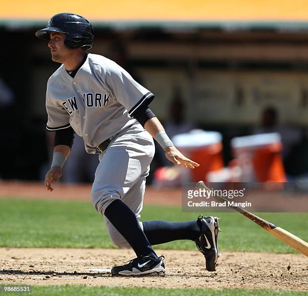 Francisco Cervelli of the New York Yankees bats during the game between the New York Yankees and the Oakland Athletics on Thursday, April 22 at the...