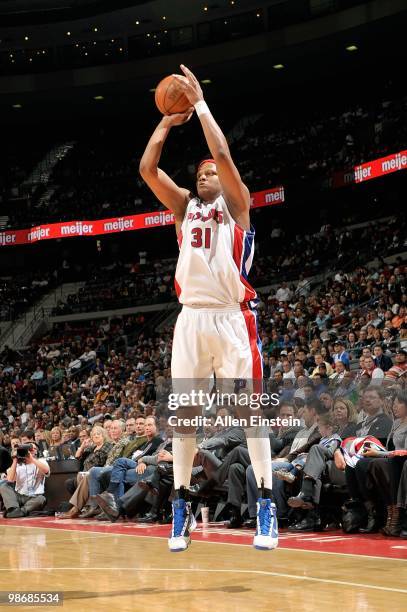 Charlie Villanueva of the Detroit Pistons shoots against the Boston Celtics during the game on March 2, 2010 at The Palace of Auburn Hills in Auburn...