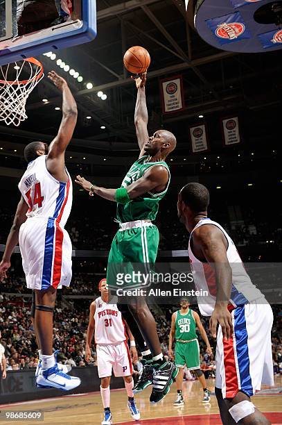 Kevin Garnett of the Boston Celtics shoots over Jason Maxiell of the Detroit Pistons during the game on March 2, 2010 at The Palace of Auburn Hills...