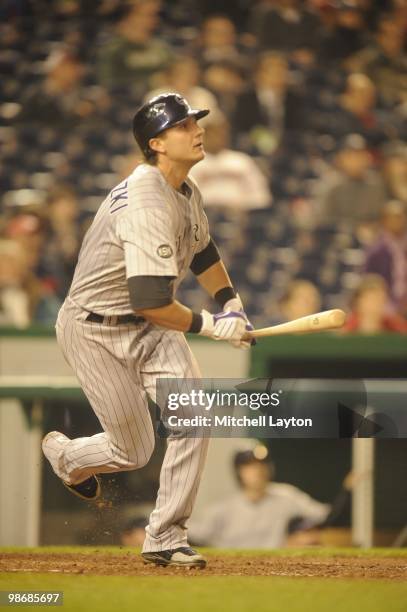 Troy Tulowitzki of the Colorado Rockies takes a swing during a baseball game against the Washington Nationals on April 21, 2010 at Nationals Park in...