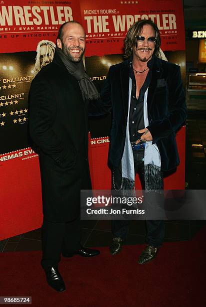 Actors Mickey Rourke and Jason Statham attend the UK Screening of 'The Wrestler' at Vue West End on January 5, 2009 in London, England.