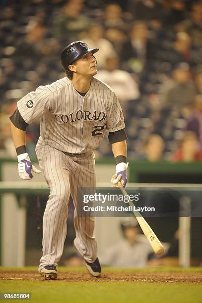 Troy Tulowitzki of the Colorado Rockies takes a swing during a baseball game against the Washington Nationals on April 21, 2010 at Nationals Park in...