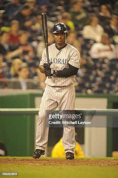 Melvin Mora of the Colorado Rockies looks on during a baseball game against the Washington Nationals on April 21, 2010 at Nationals Park in...