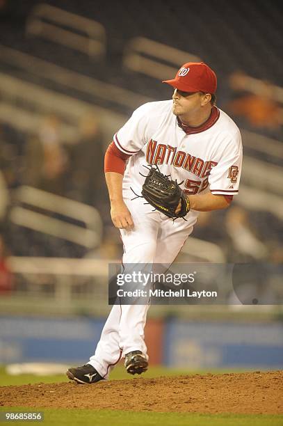 Matt Capps of the Washington Nationals pitches during a baseball game against the Colorado Rockies on April 21, 2010 at Nationals Park in Washington,...