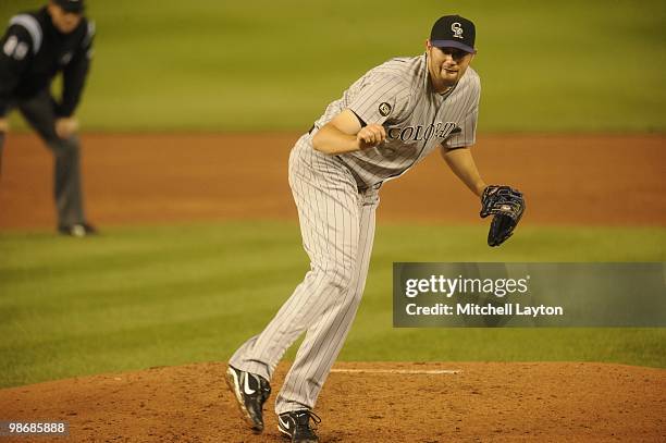 Jason Hammel of the Colorado Rockies pitches during a baseball game against the Washington Nationals on April 21, 2010 at Nationals Park in...