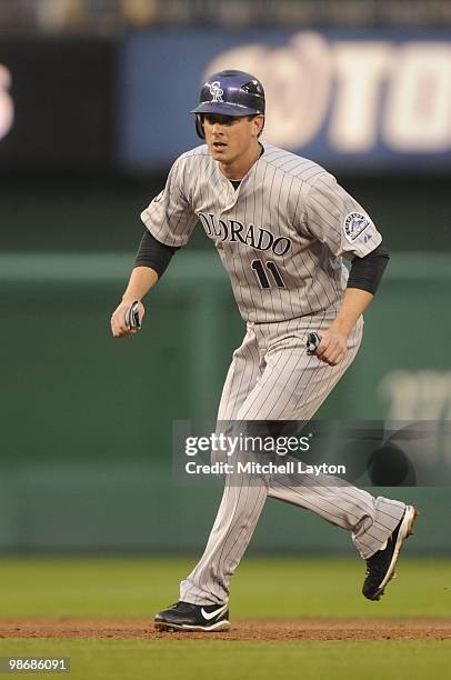 Brad Hawpe of the Colorado Rockies leads off second base during a baseball game against the Washington Nationals on April 21, 2010 at Nationals Park...