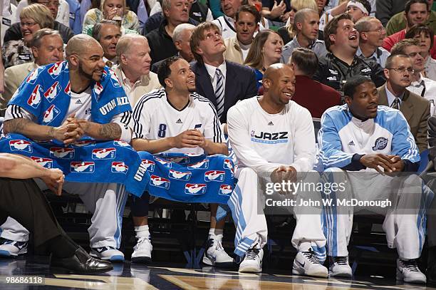 Playoffs: Utah Jazz Carlos Boozer and Deron Williams on bench during game vs Denver Nuggets. Game 3. Salt Lake City, UT 4/23/2010 CREDIT: John W....