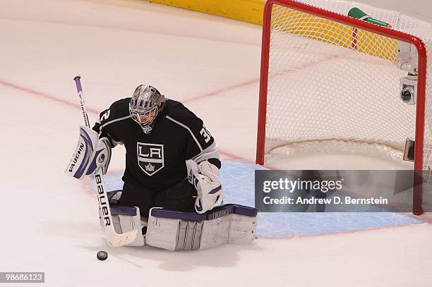 Jonathan Quick of the Los Angeles Kings makes the save against the Vancouver Canucks in Game Six of the Western Conference Quarterfinals during the...