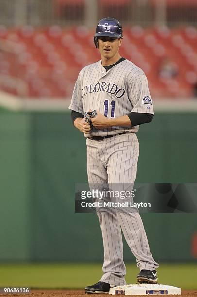 Brad Hawpe of the Colorado Rockies looks on during a baseball game against the Washington Nationals on April 21, 2010 at Nationals Park in...