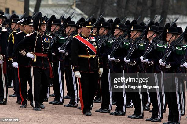 King Harald V of Norway arrives at Palace Square on April 26, 2010 in Oslo, Norway. Medvedev is in Norway for a two-day state visit focussing on...