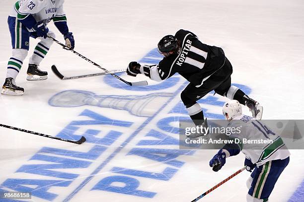 Anze Kopitar of the Los Angeles Kings takes a shot against the Vancouver Canucks in Game Six of the Western Conference Quarterfinals during the 2010...