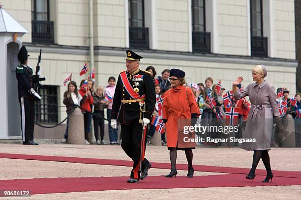 King Harald V of Norway, Queen Sonja of Norway and Crown Princess Mette-Marit of Norway arrive at Palace Square on April 26, 2010 in Oslo, Norway....